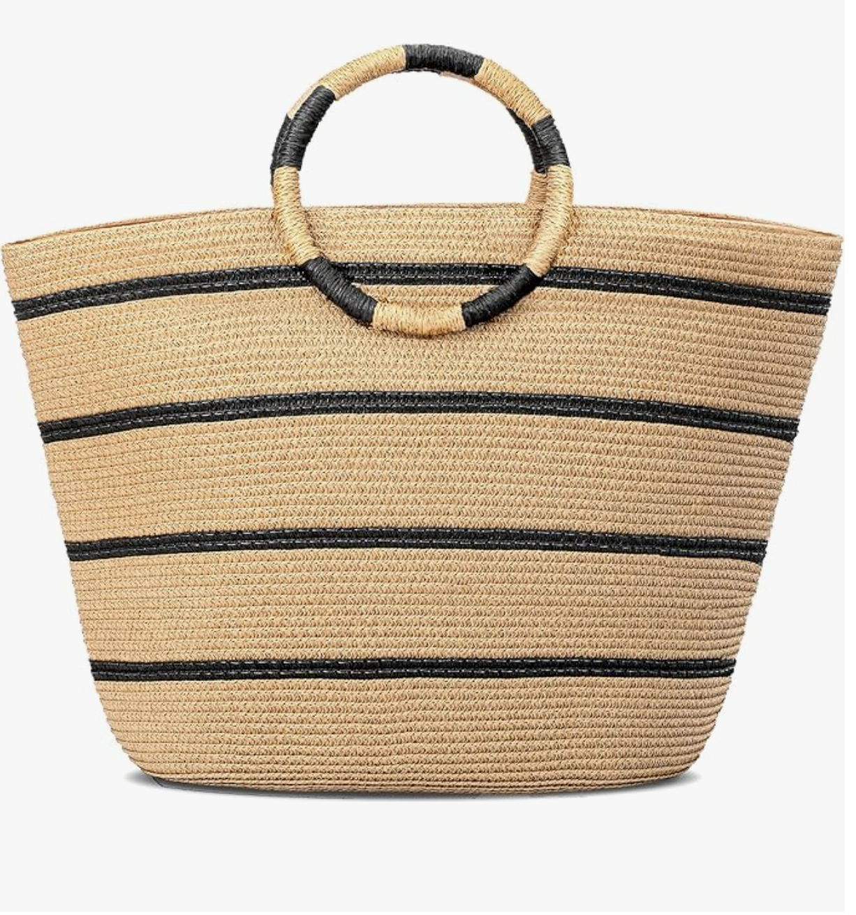 A Straw Tote Bag featuring horizontal black stripes, a woven texture, and circular bamboo top handles, styled for a summer BBQ outfit.
