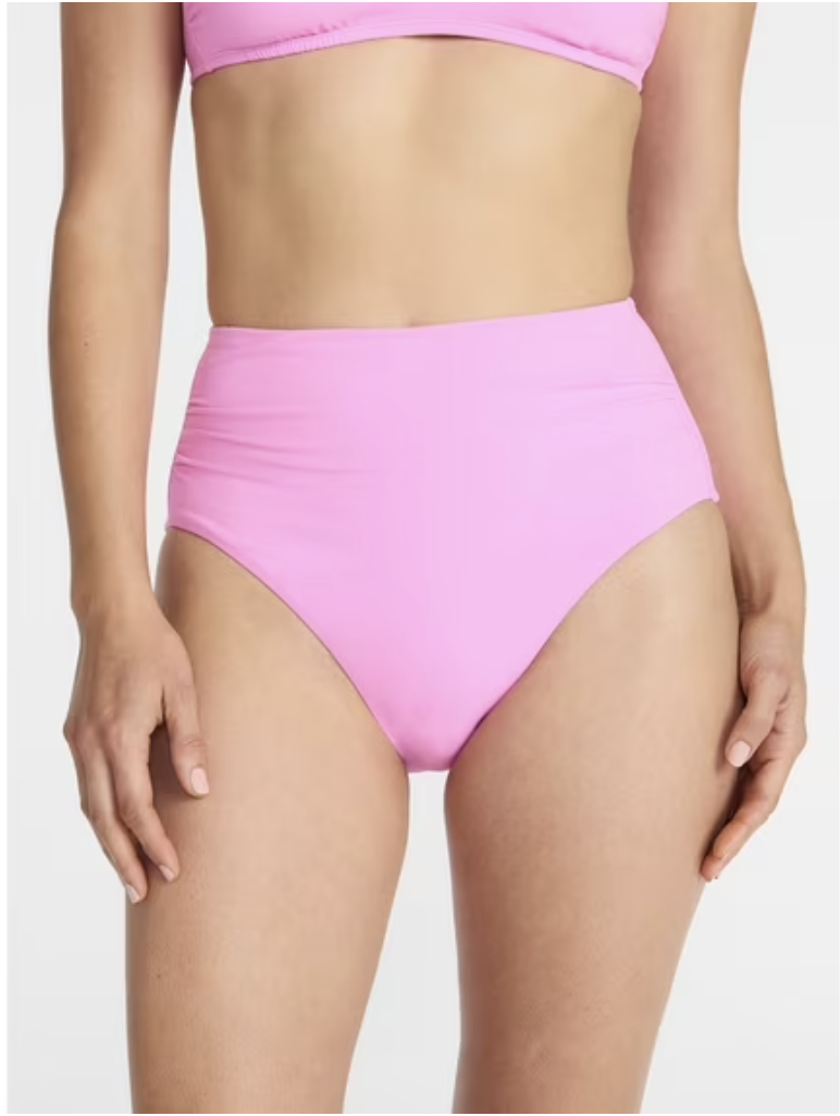A close-up of a person wearing bright pink high-waist bikini bottoms with a smooth, seamless finish.