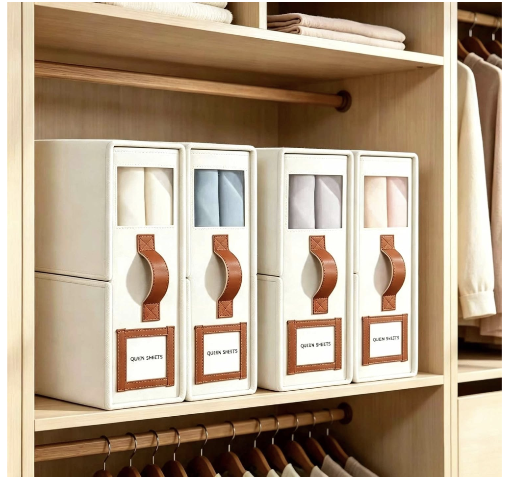 Beige SheetCube organizers storing folded bed linens