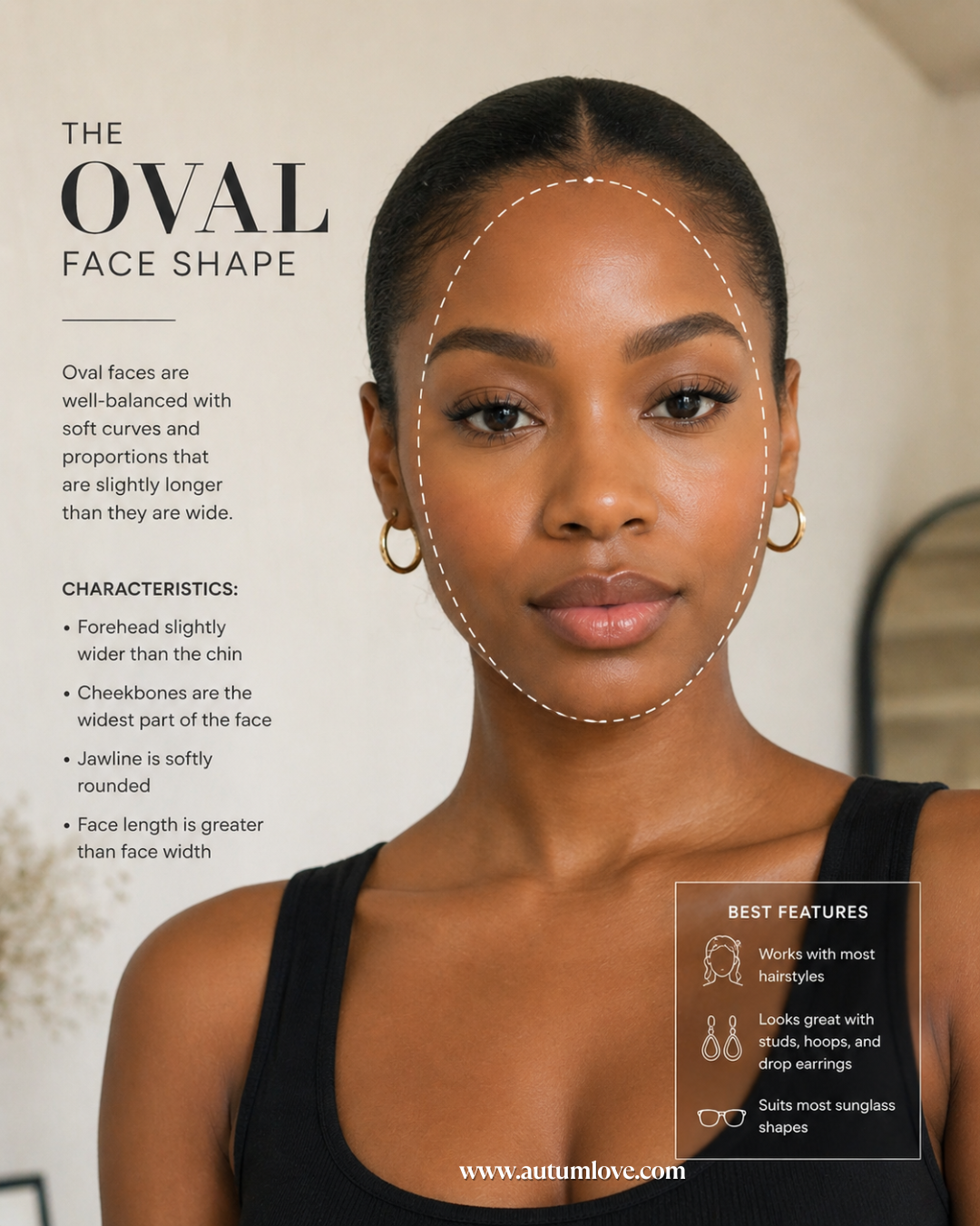 A woman with an oval face shape, featuring an infographic overlay that highlights balanced proportions and soft curves.