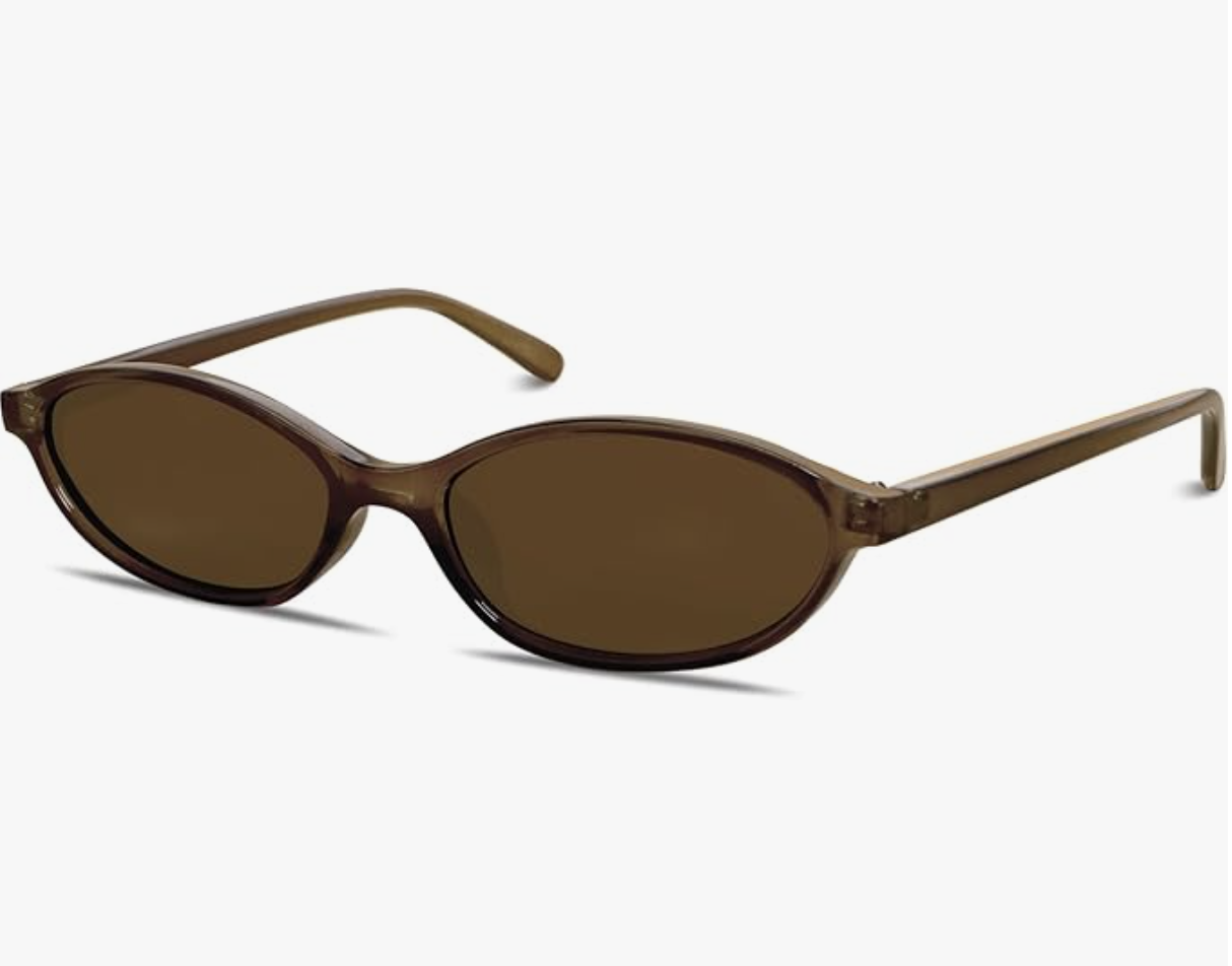 A pair of retro-style oval sunglasses with dark brown lenses and a slim tortoise shell frame.
