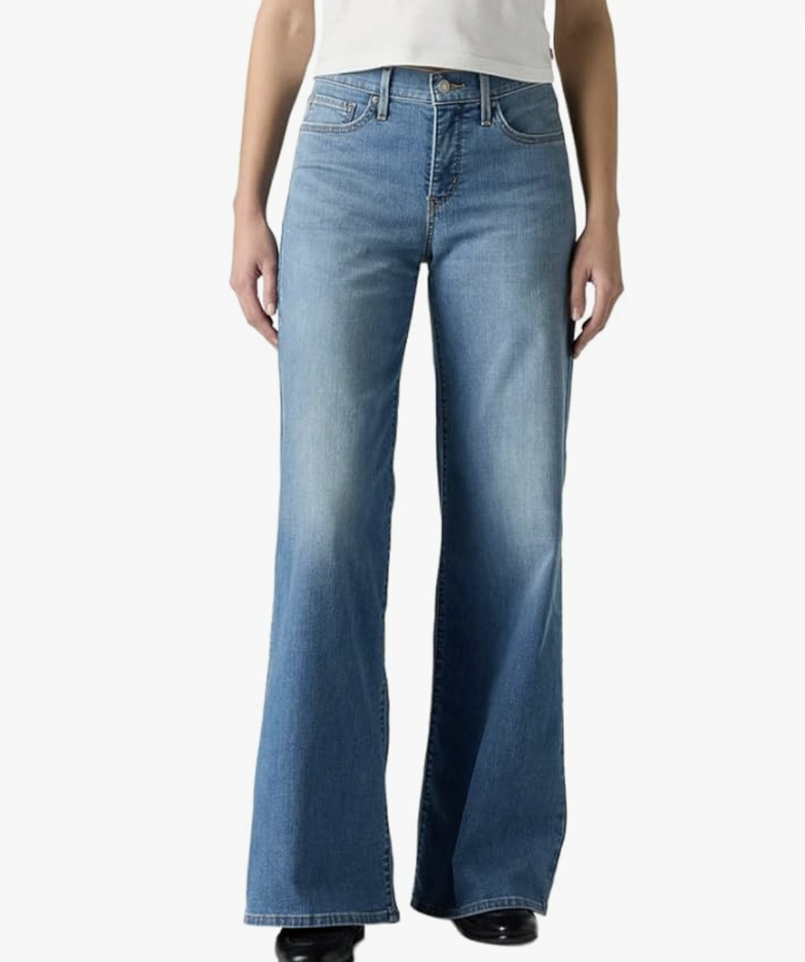 Pair of medium wash Levi's 318 Shaping Wide Leg jeans with a high-waisted fit and a flared hem.