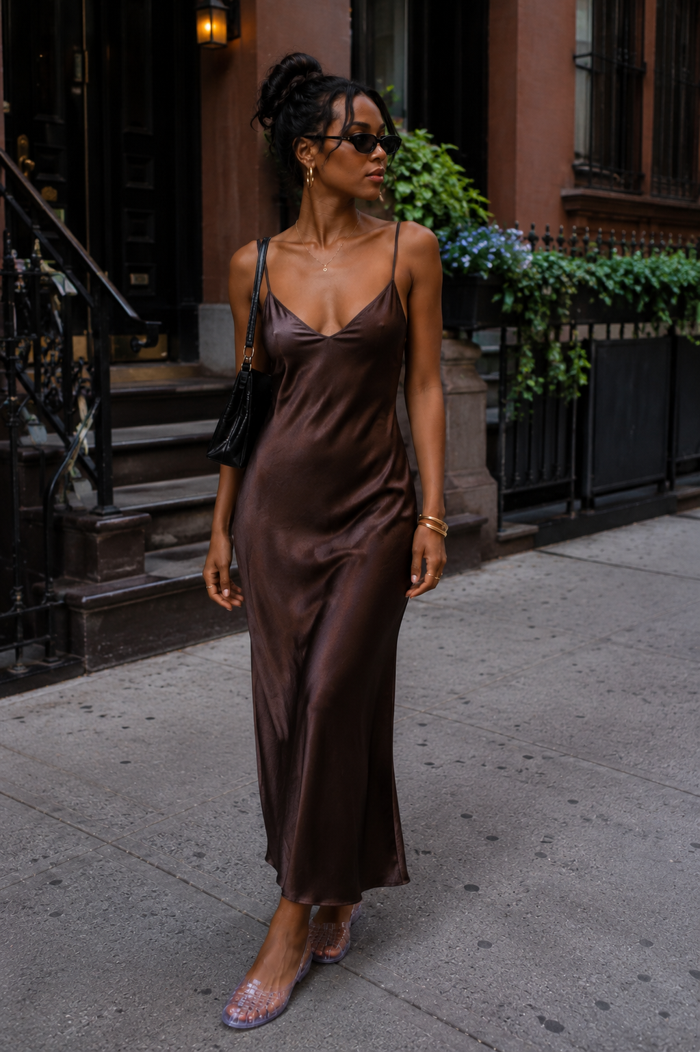 A woman with a high bun updo walking on a city sidewalk wearing a glossy, dark chocolate brown satin slip dress, black sunglasses, and smoky brown translucent jelly mule flats.