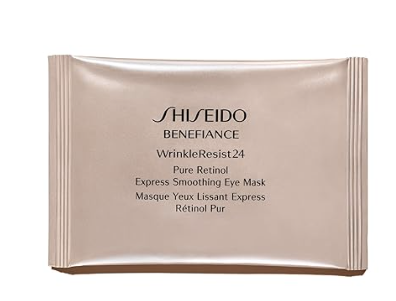 A single tan-colored sachet of Shiseido Benefiance WrinkleResist24 Pure Retinol Express Smoothing Eye Mask against a clean white background.