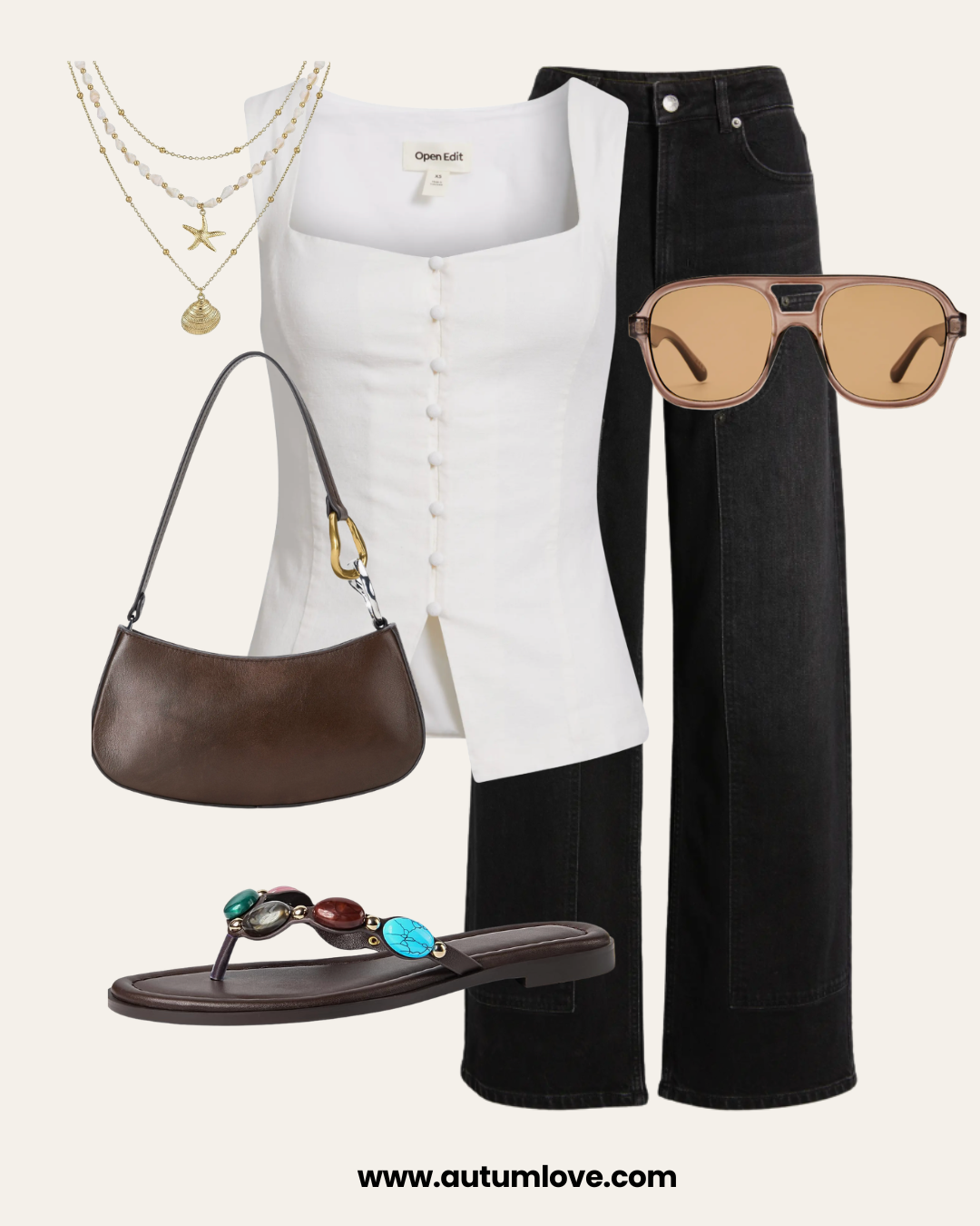 A style guide featuring black wide leg jeans, a white square-neck vest with gold buttons, black studded sandals, and a brown leather shoulder bag.