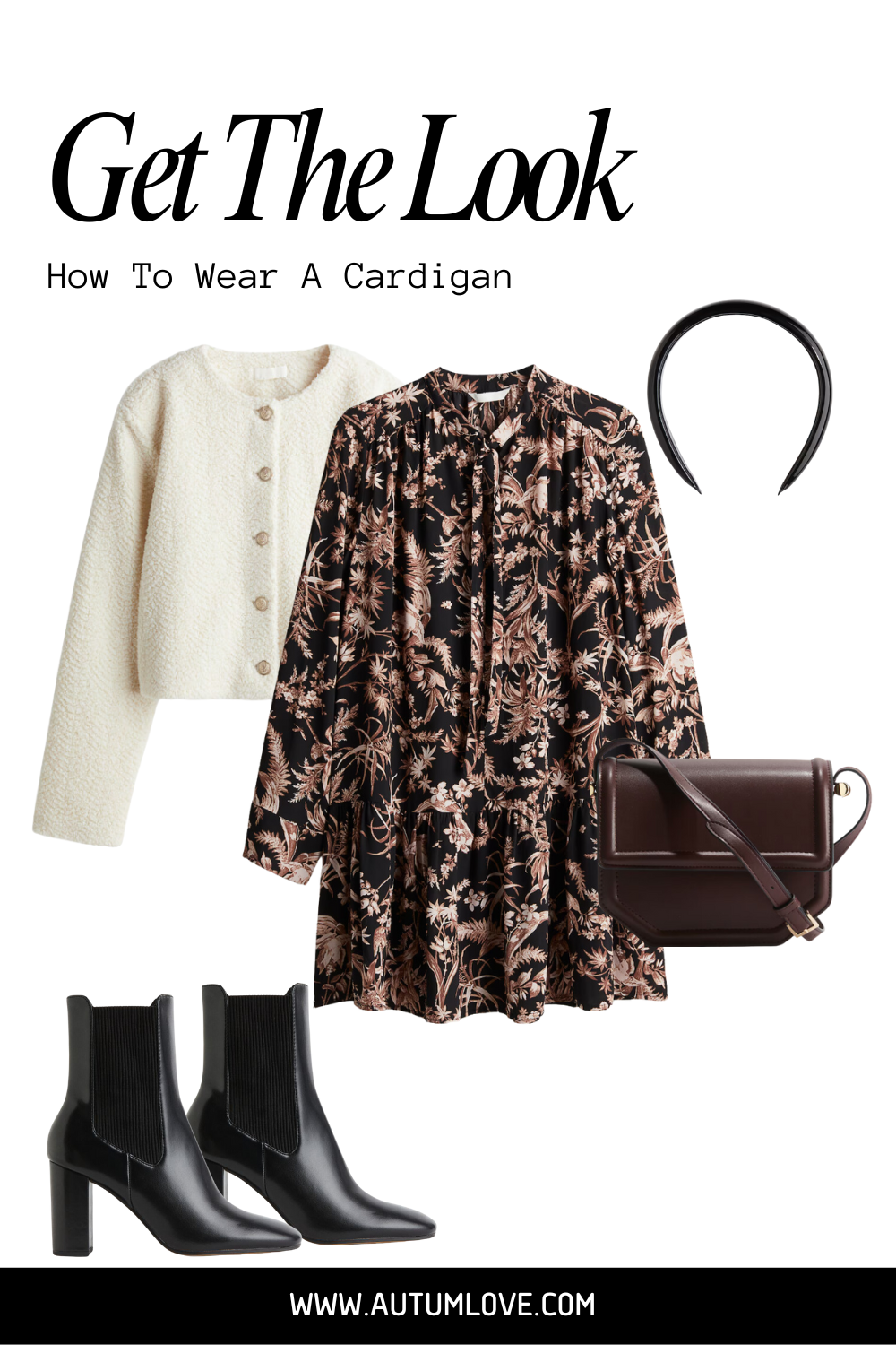 Flat lay outfit featuring a cream chunky knit cardigan layered over a dark floral mini dress with black leather Chelsea boots.