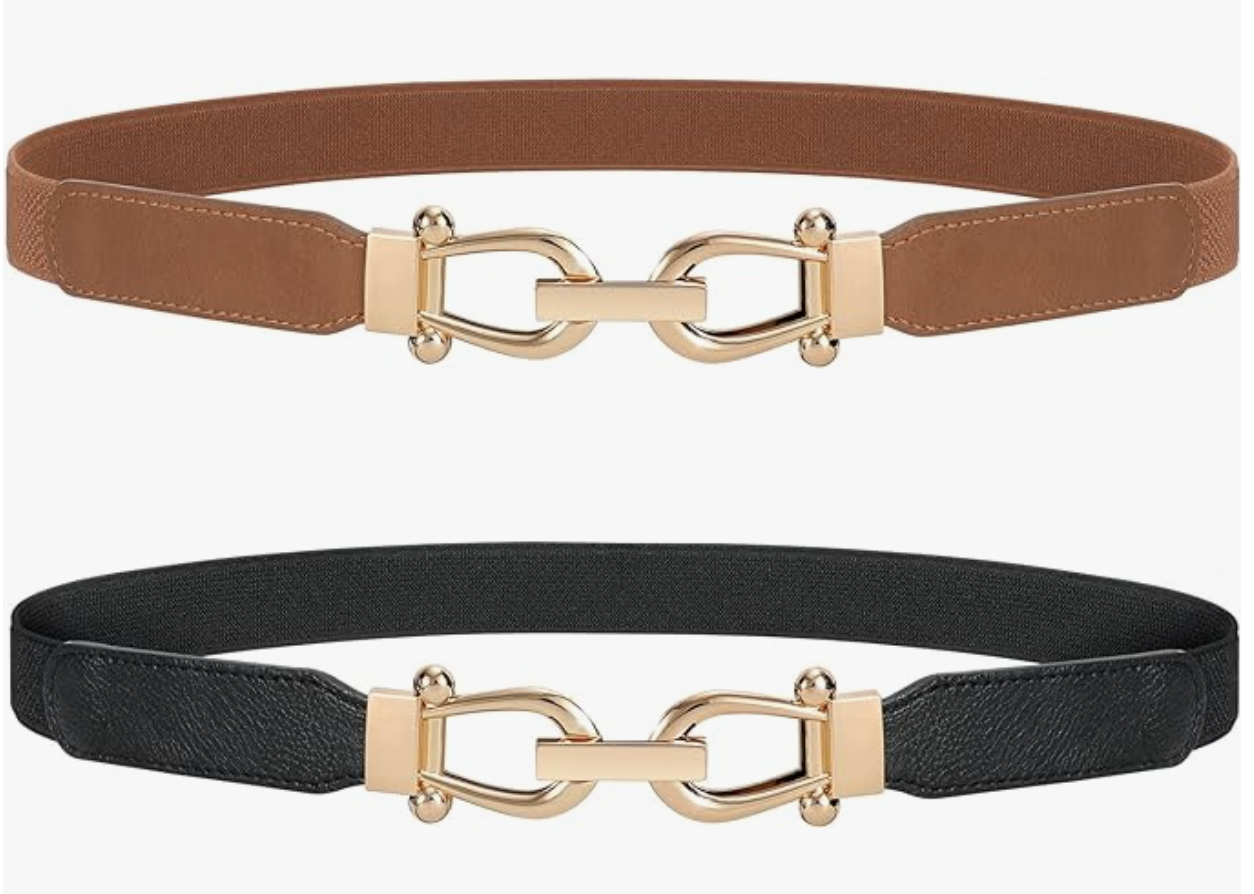 A set of two Retro Elastic Skinny Belts in brown and black leather finishes, featuring an interlocking gold metal buckle for cinching spring dresses and blazers.