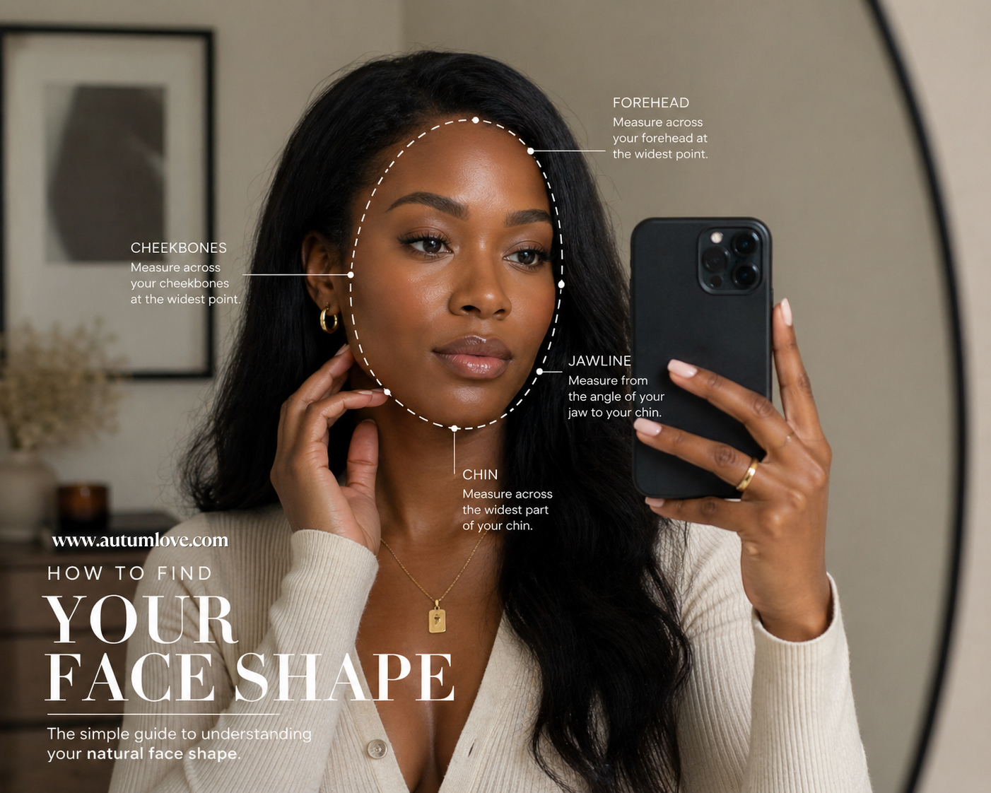 A visual guide for identifying face shape, featuring a woman in a mirror and a diagram showing how to measure the forehead, cheekbones, jawline, and chin.