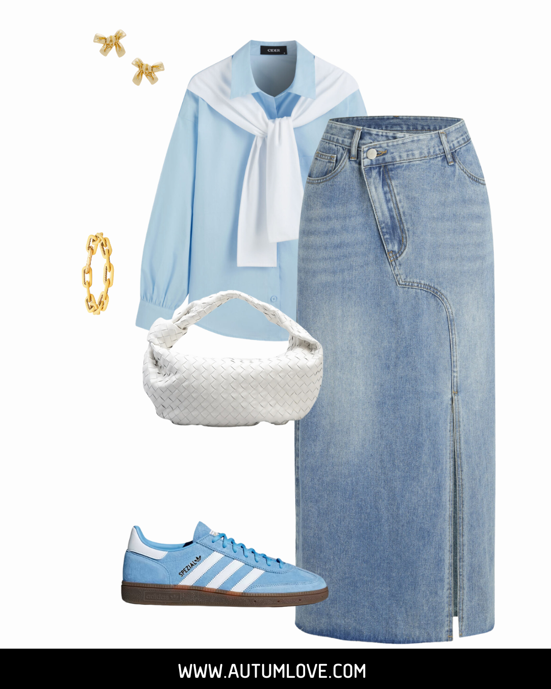 A stylish outfit featuring a denim maxi skirt, light blue Adidas Gazelle sneakers, and a white woven handbag, demonstrating how to use structured denim to smooth a midsection.