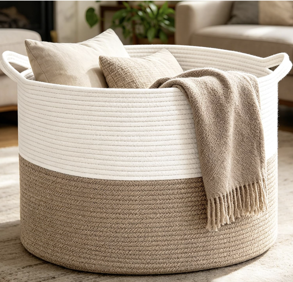 Neutral woven rope basket used as an entryway returns bin