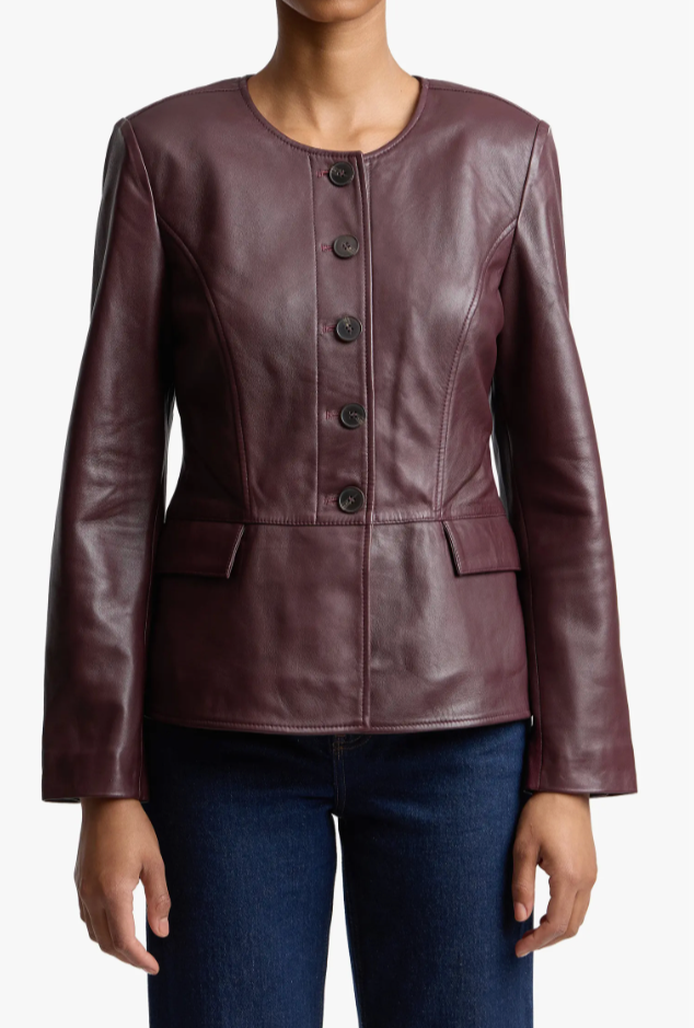 Bagatelle deep plum leather button-up peplum jacket paired with dark denim jeans