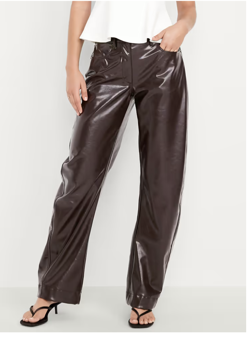 Old Navy faux-leather pants in brown, studio product photo.