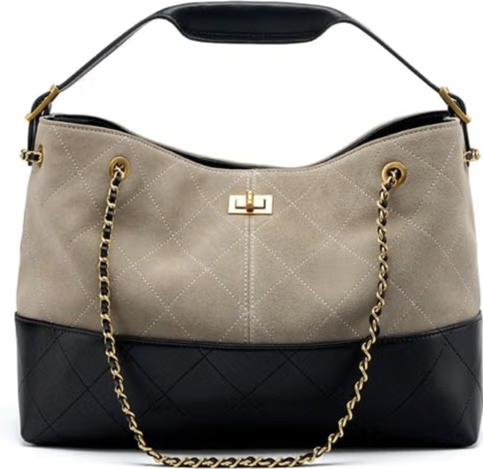 Gray quilted suede and lambskin bag with gold chain strap, Chanel-inspired silhouette