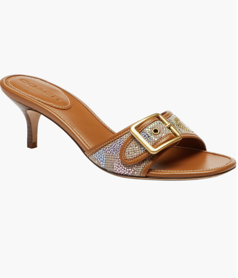 A fashion editor-approved guide on what shoes to wear with cropped pants, featuring COACH Margot crystal signature jacquard kitten heel sandals that keep the ankle area visually open.