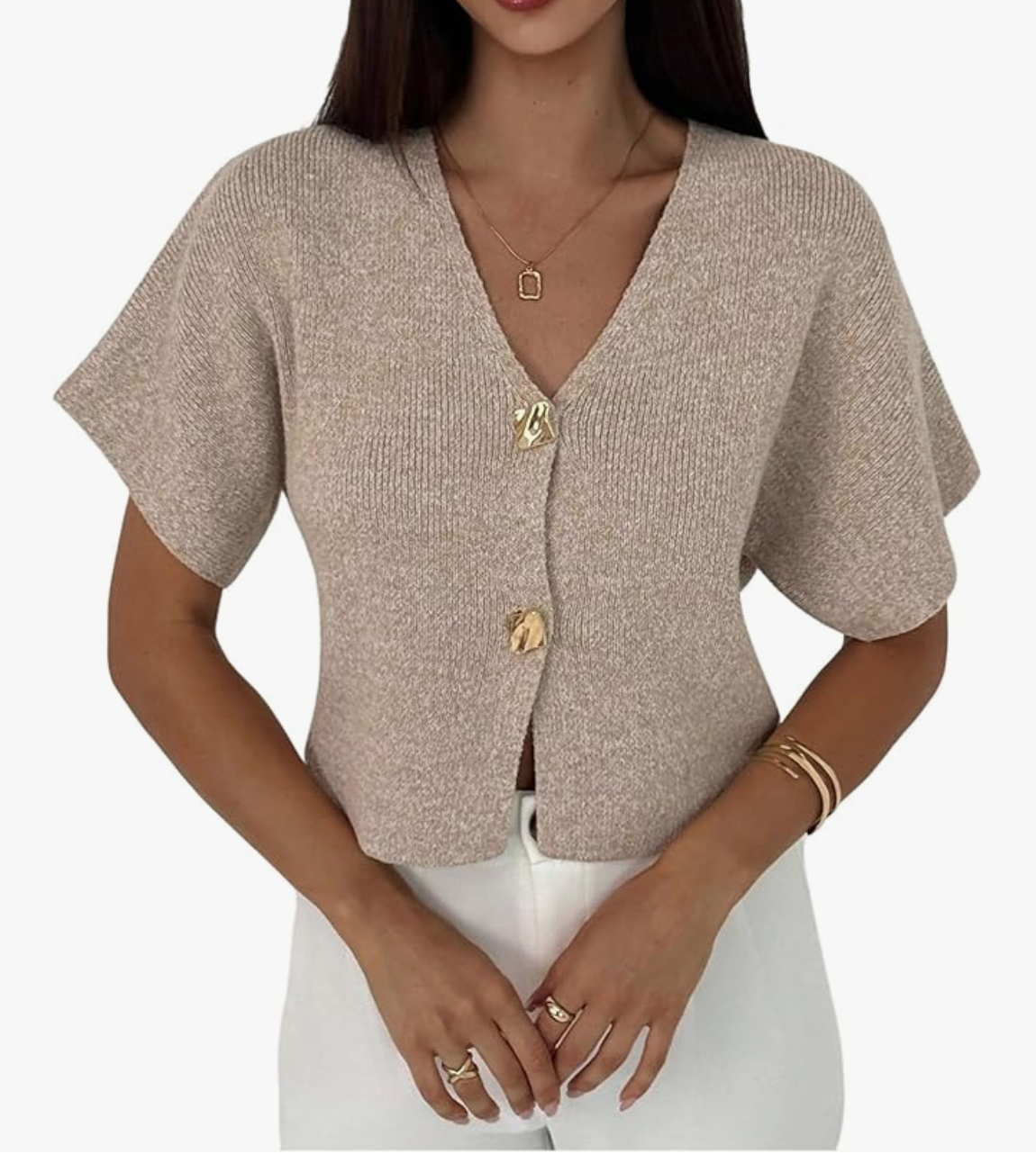 Button Down V Neck Slim Fit Knit Top