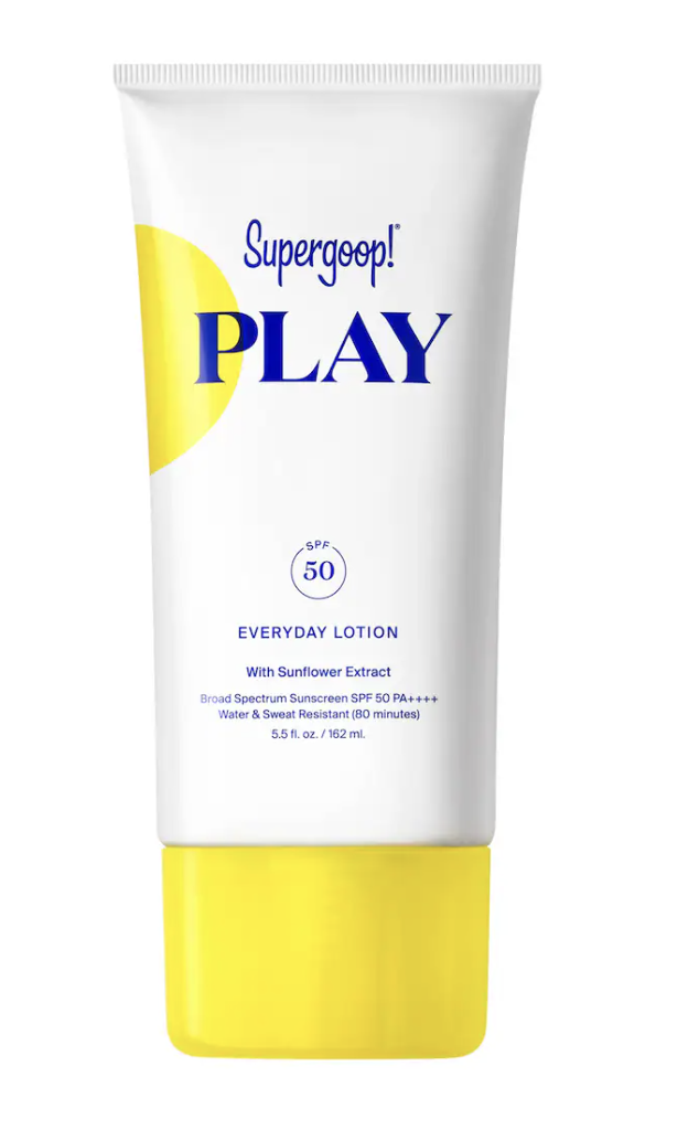 Product shot of Supergoop! PLAY Everyday Lotion SPF 50 with Sunflower Extract in a white tube with a yellow cap, shown as a top pick for face and body protection.
