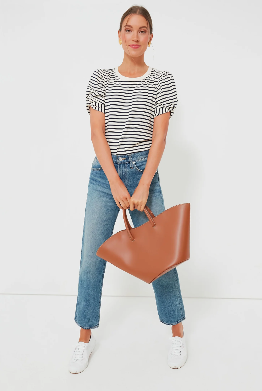 Pomander Place  Navy Striped Vesty Puff Short Sleeve Crewneck $68