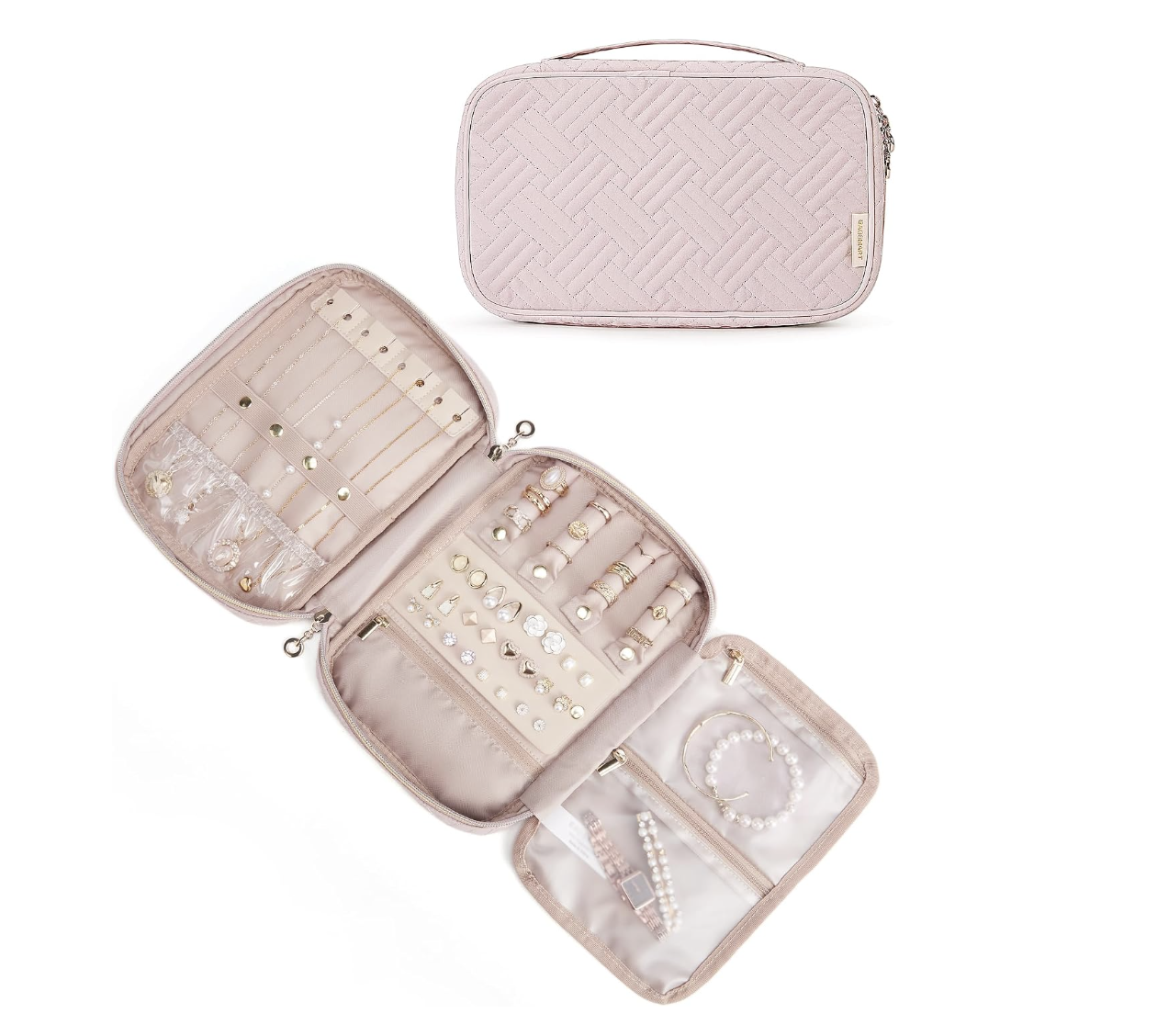 BAGSMART travel jewelry organizer case unfolded to display interior compartments filled with rings, necklaces, and earrings.
