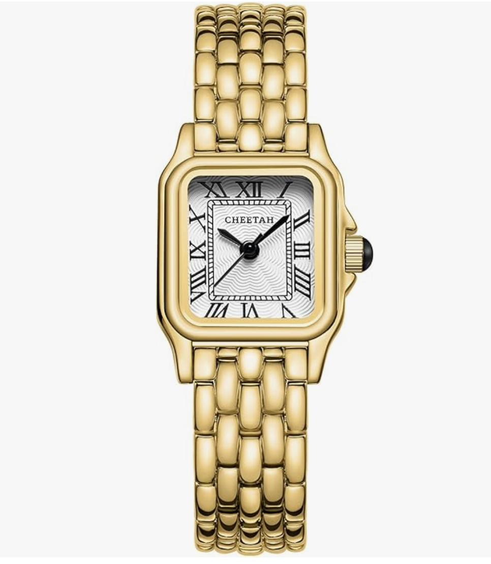 A small women's vintage-style gold-tone bracelet watch with a rectangular white face, Roman numeral markers, and a delicate five-link metal band.