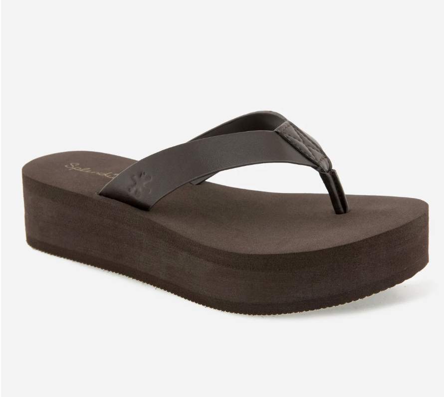 A close-up side view of a brown Splendid Quintana thick foam platform wedge flip flop sandal.