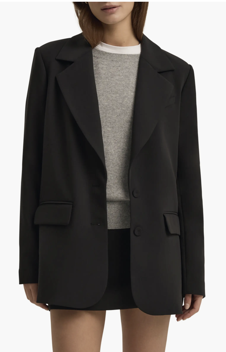 A pro stylist-recommended Favorite Daughter oversized blazer in a dark neutral tone, styled as a structured outer layer for a polished look.