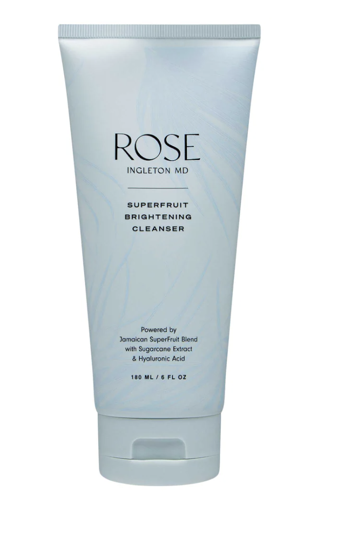 ROSE Ingleton MD SuperFruit Brightening Cleanser in a light blue tube, featuring a Jamaican superfruit blend with sugarcane extract and hyaluronic acid for a hydrated, glowing complexion.
