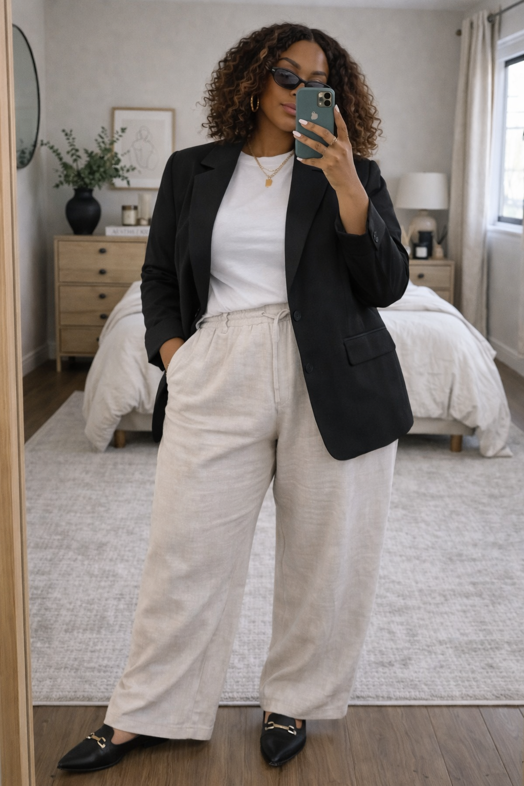 A close-up of a person's feet wearing black leather loafers with a gold metal bit detail, paired with high-waisted wide-leg oatmeal linen pants.