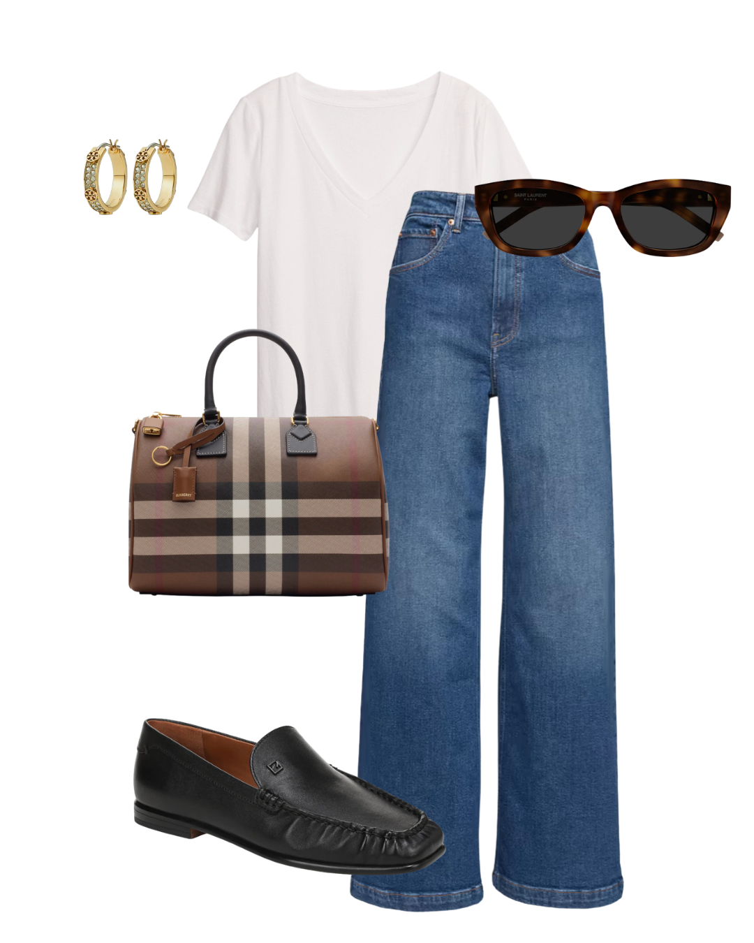 A chic street style flat lay featuring a white T-shirt, wide-leg jeans, black leather loafers, and a plaid Burberry handbag.
