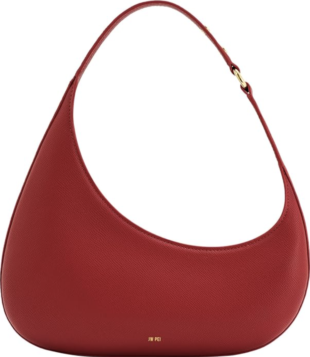 A sleek, crescent-shaped red vegan leather shoulder bag with a minimalist gold logo and a matching thin shoulder strap, shown on a white background.