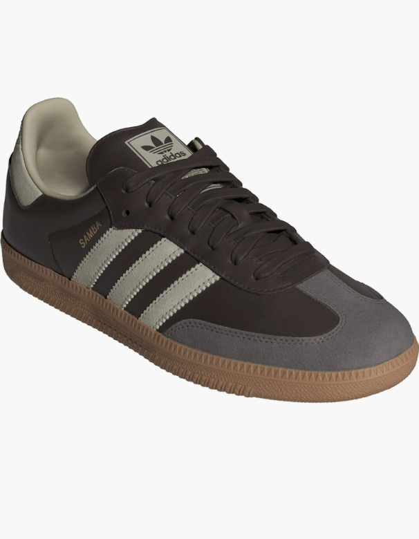 A close-up shot of the adidas Samba OG Sneaker in Brown Putty, showcasing the rich chocolate brown leather upper, tan suede detailing, and classic gum sole.