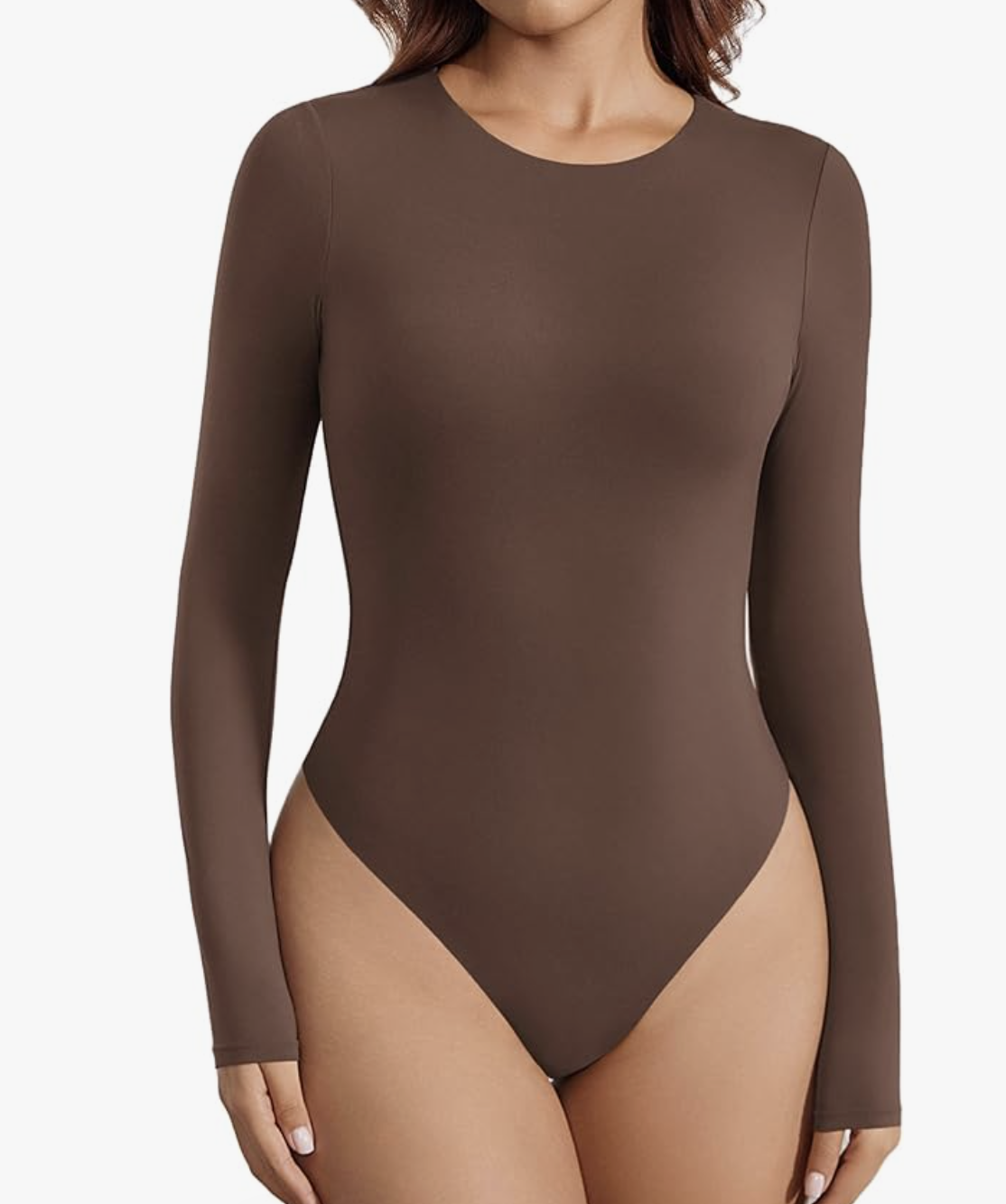 A brown long sleeve crew neck bodysuit from Amazon, styled as a smoothing and supportive base layer for women with a big belly.