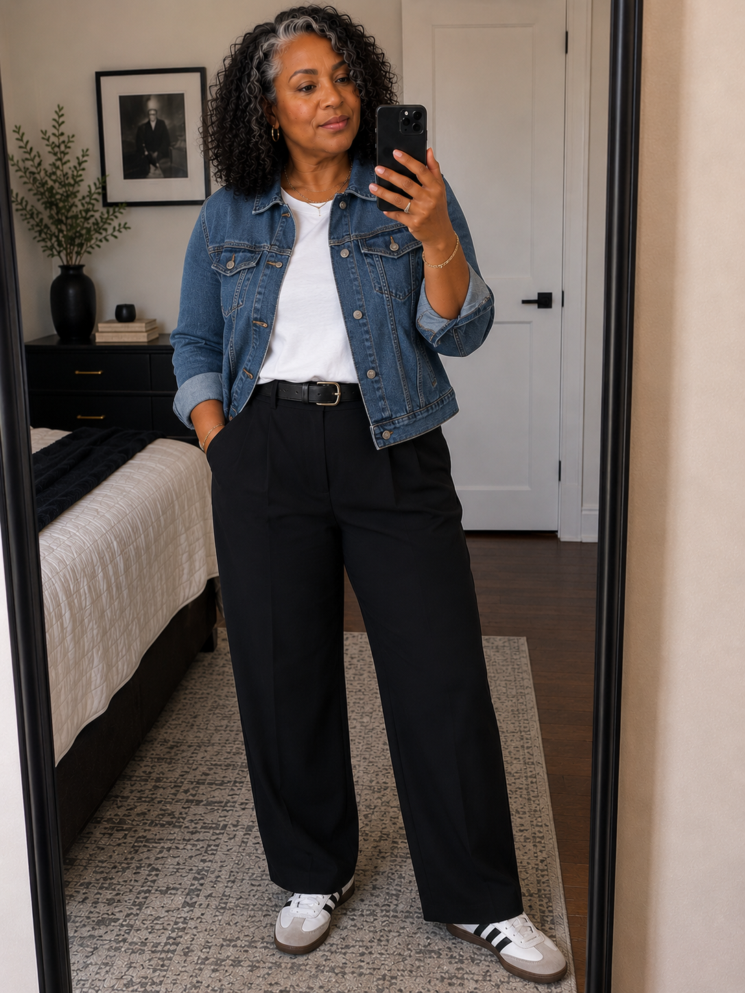 A woman taking a mirror selfie wearing a classic denim jacket over a white top, black wide-leg trousers, and white sneakers.