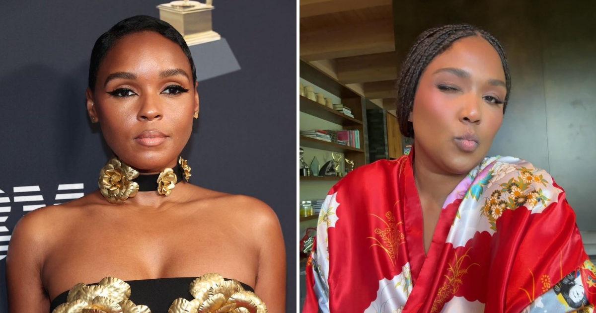 A side-by-side editorial comparison of Janelle Monáe with a structured gold choker and Lizzo in a vibrant red silk robe, demonstrating how different silhouettes and updos complement a round face shape.