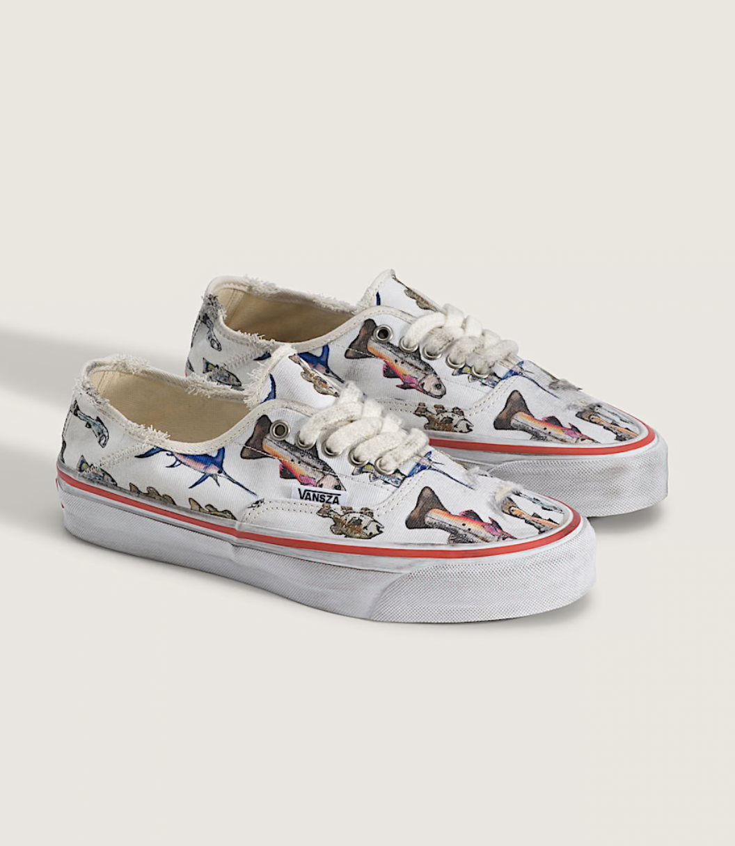 VANSZA Authentic Kickdown shoe in the SZA Fish Print with watercolor artwork and a collapsible heel.
