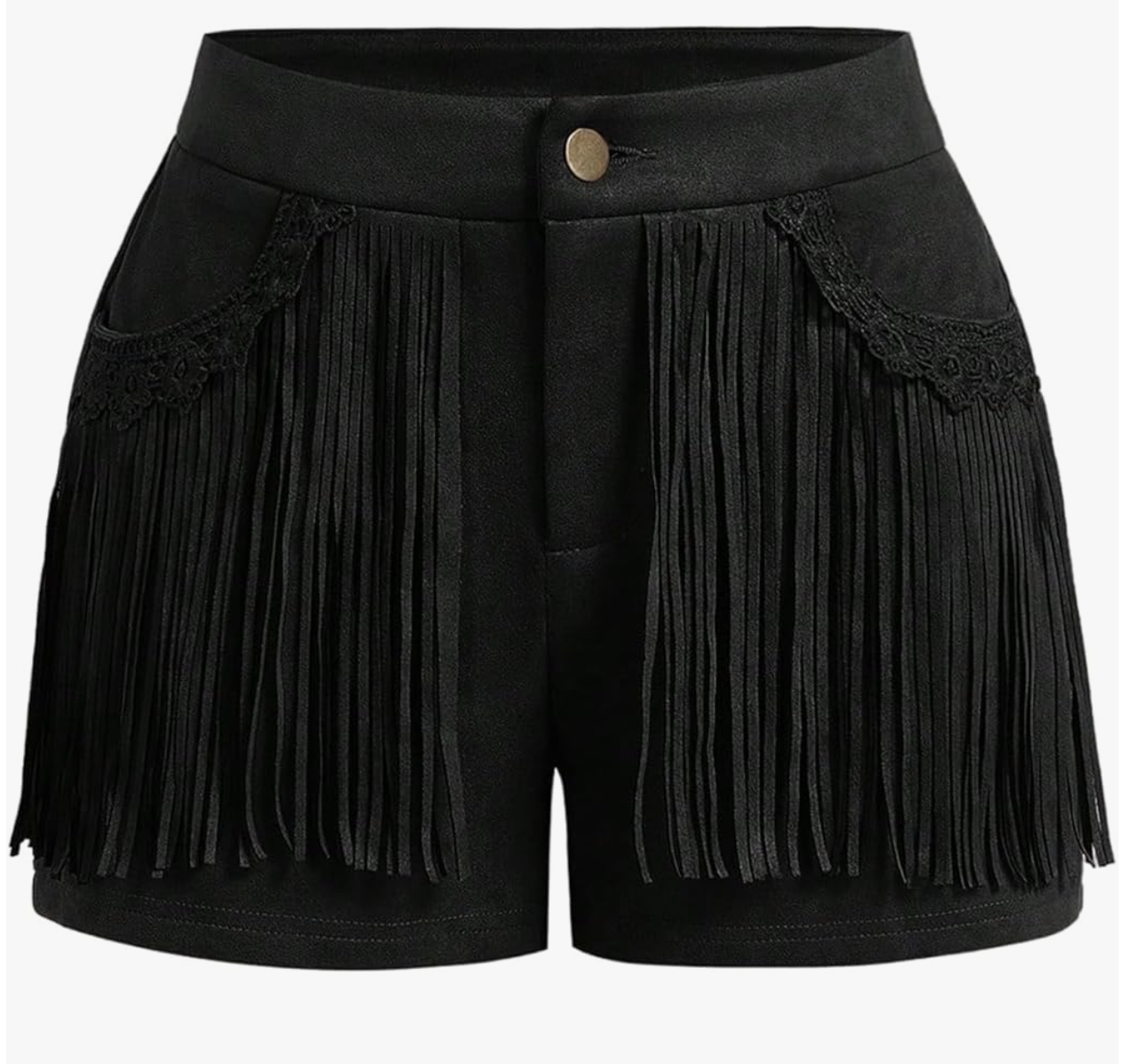 A pair of high-waisted black suede shorts featuring long, dense fringe layers covering the front and a single gold button closure.