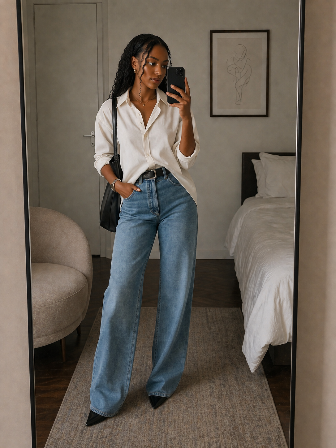 A woman demonstrating a French tuck by tucking a white button-down shirt into high-waisted blue jeans with a black belt to establish a 1/3 to 2/3 proportion.