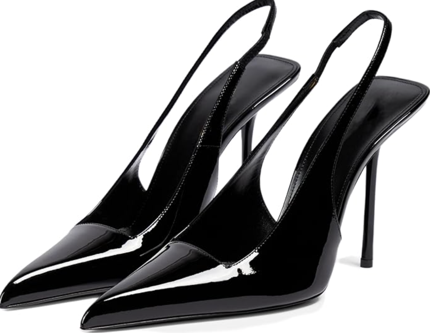 A pair of black patent leather pointed-toe slingback heels with a slim stiletto heel.