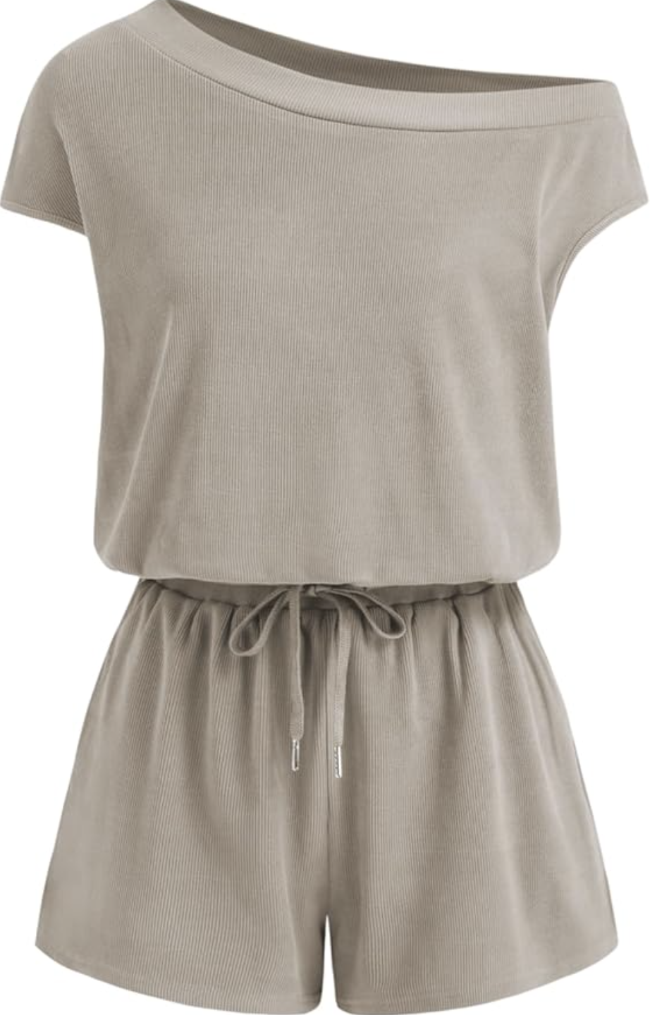 A woman wearing a taupe asymmetrical one-shoulder romper with a drawstring waist, styled for a comfortable summer BBQ outfit.