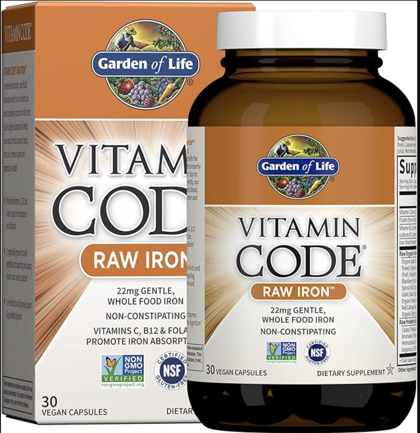 A front-facing product shot of a brown glass bottle of Garden of Life Vitamin Code Raw Iron dietary supplement next to its packaging box, showing the clean branding and raw whole-food formula details.