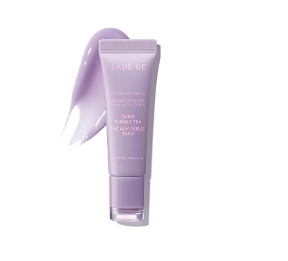 A squeeze tube of Laneige Lip Glowy Balm in the limited-edition Taro Bubble Tea shade, showcasing its glossy purple tint and convenient on-the-go applicator.
