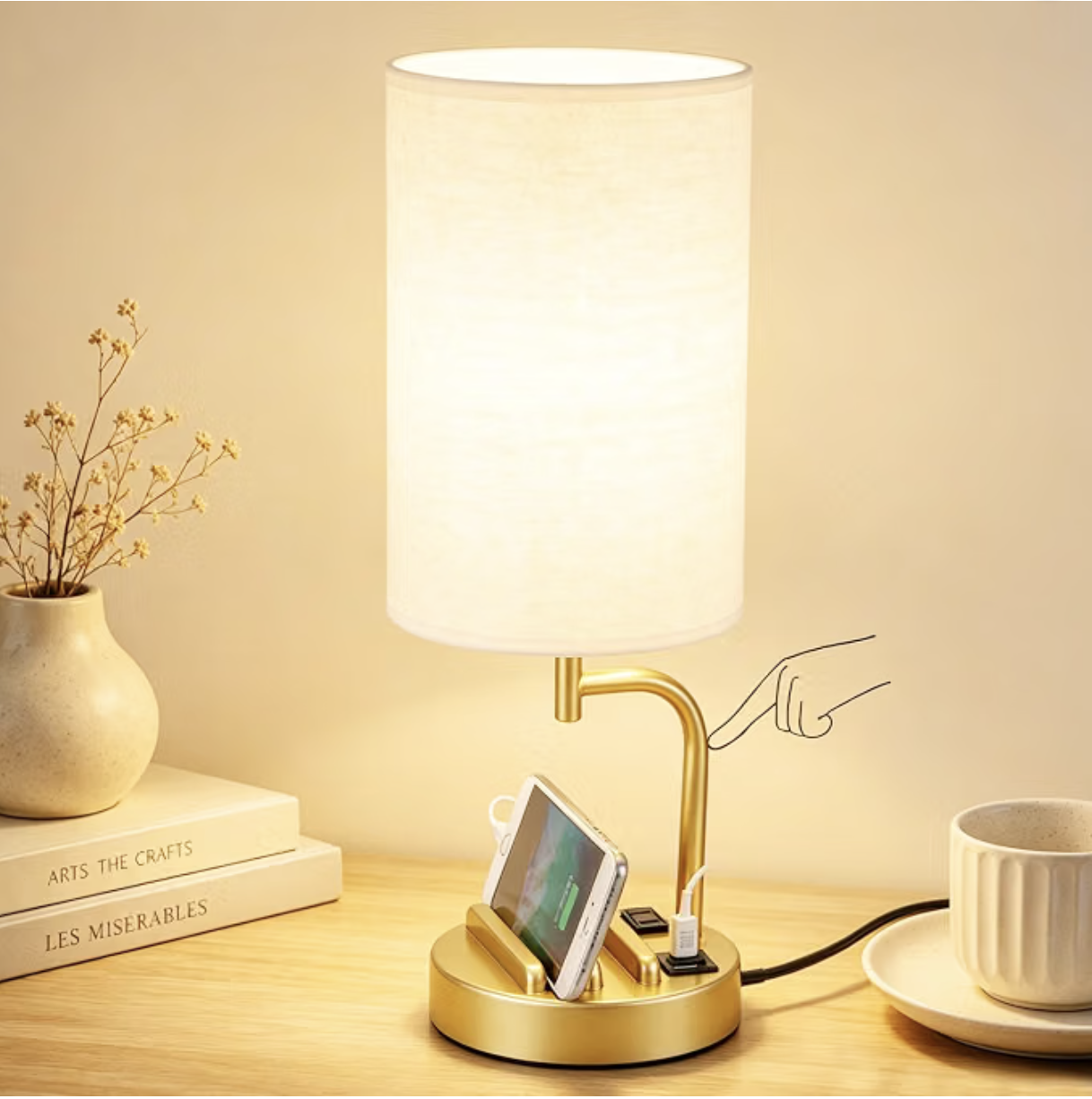 Touch-control bedside table lamp with USB-C and USB-A charging ports