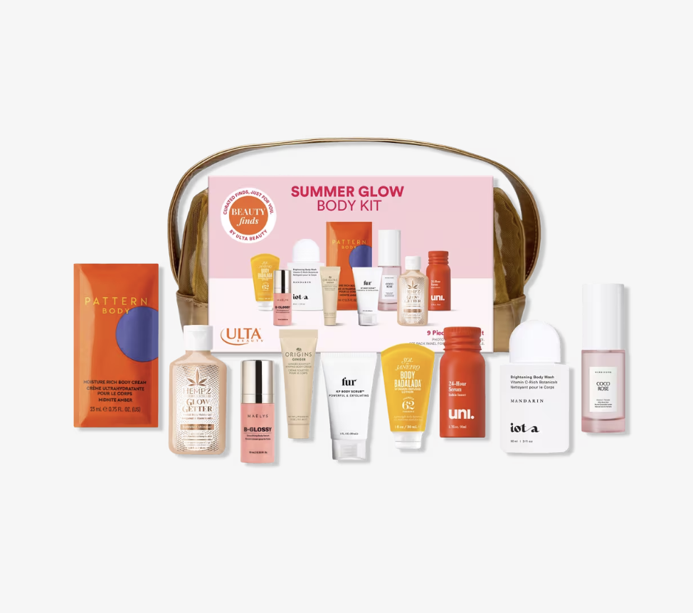 Kopari Beauty Summer Glow Body Kit featuring a variety of glow-boosting body care products in orange and white packaging.