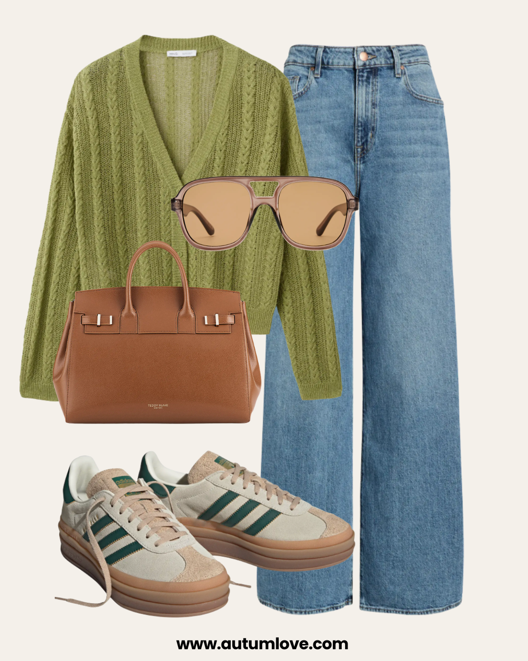 A style guide featuring an olive green textured cardigan, medium wash wide leg jeans, green and cream Adidas Gazelle sneakers, a tan leather tote bag, and aviator sunglasses.