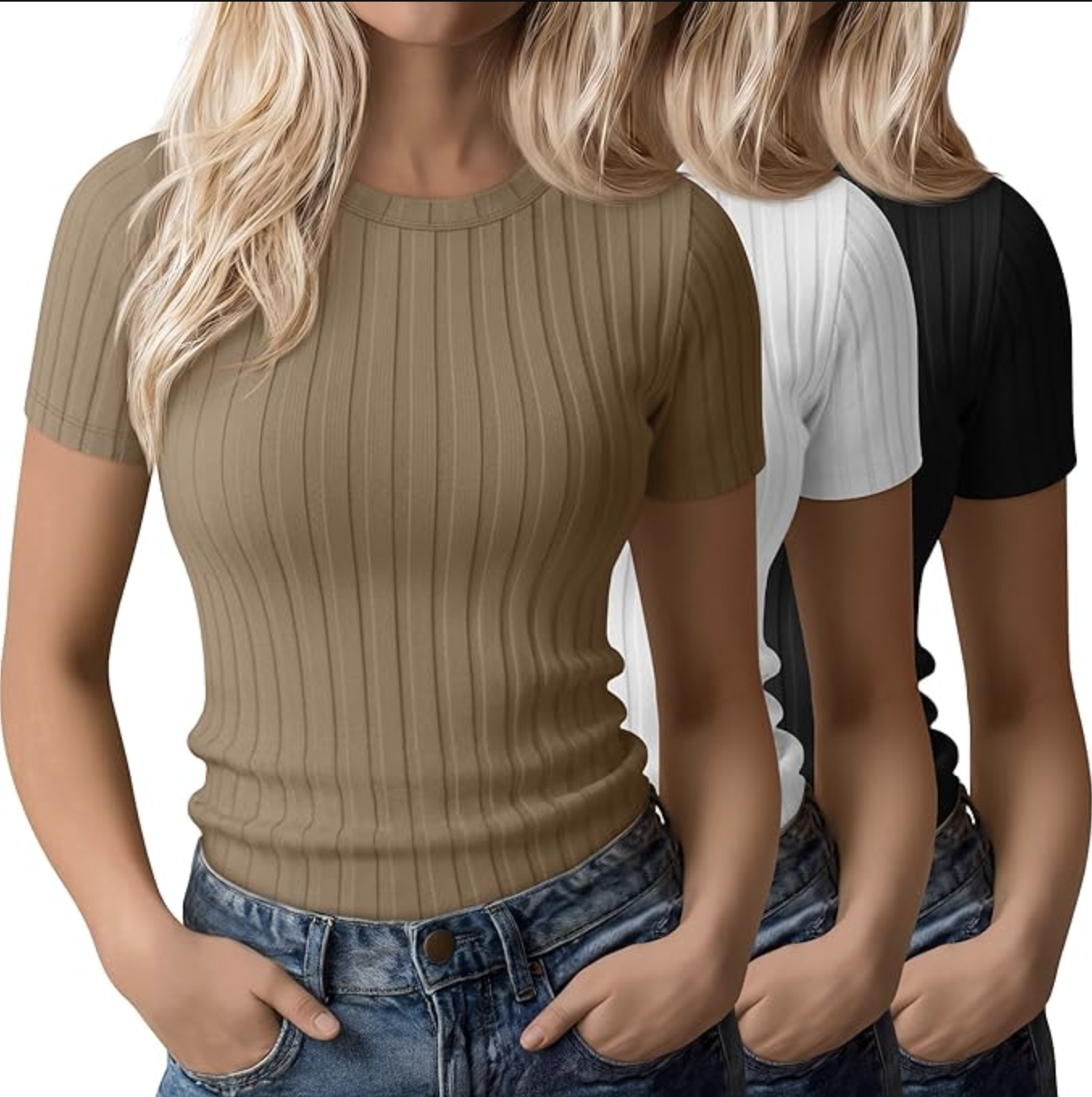 Close-up of a woman wearing a fitted, taupe-brown ribbed short-sleeve crewneck t-shirt tucked into blue denim jeans.