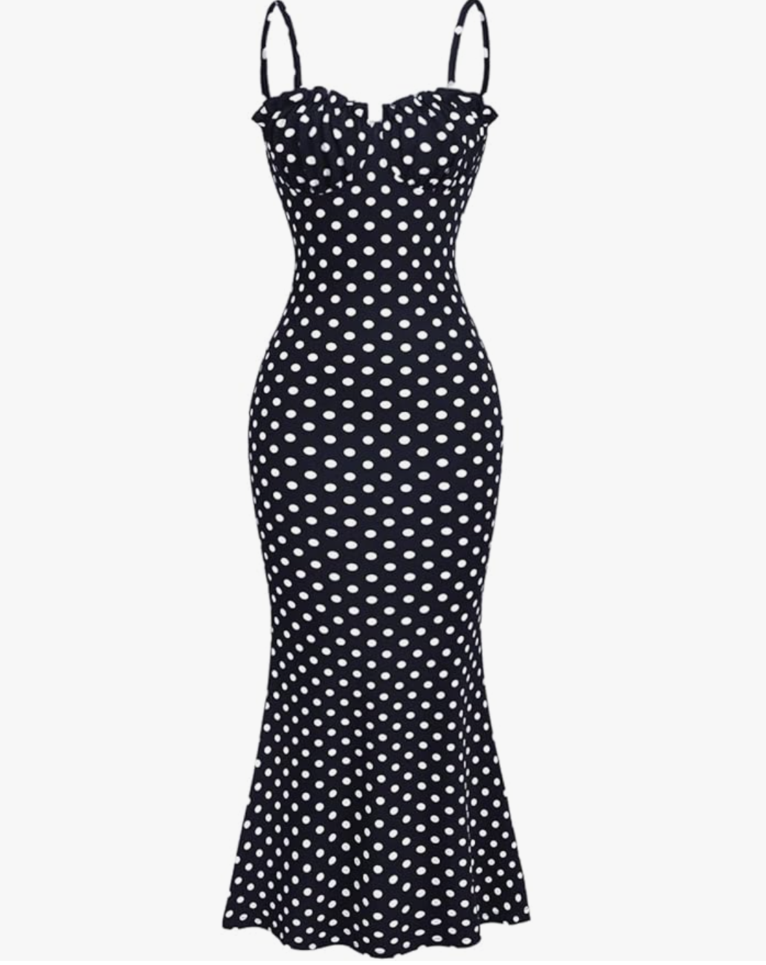 A white mini camisole dress with small black polka dots, featuring a sweetheart neckline with frill trim and thin adjustable spaghetti straps, shown on a white background.