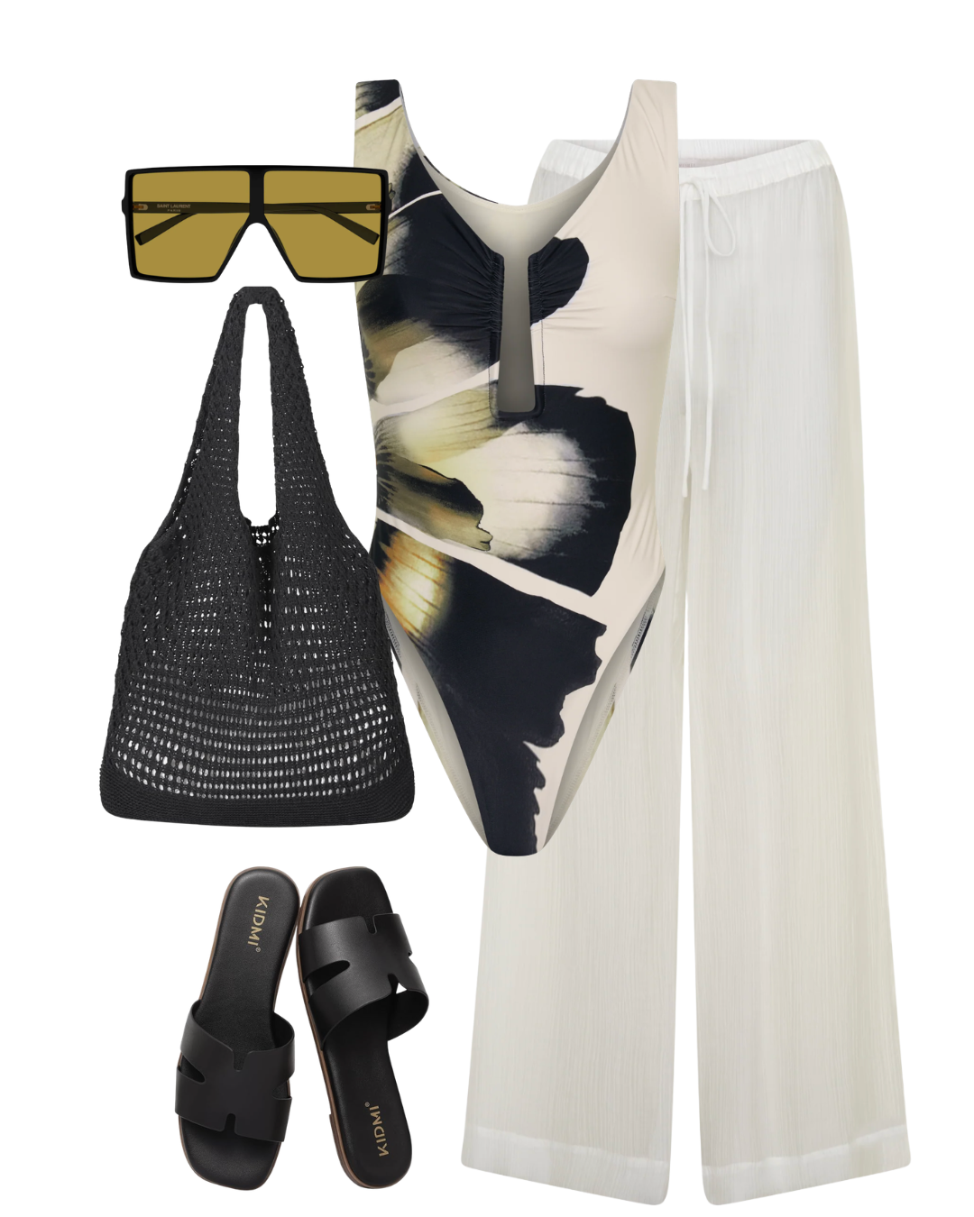 Editorial resort fashion flat lay for a cruise sea day featuring a black and white abstract print one-piece swimsuit, white linen beach pants, a black woven knit shoulder bag, and oversized flat-top sunglasses.