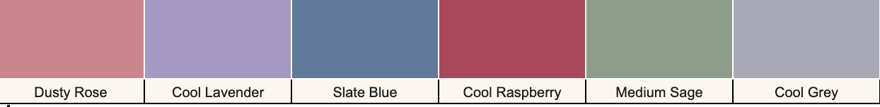 A color palette for the True Summer season featuring muted, cool shades of dusty rose, cool lavender, slate blue, cool raspberry, medium sage, and cool grey.