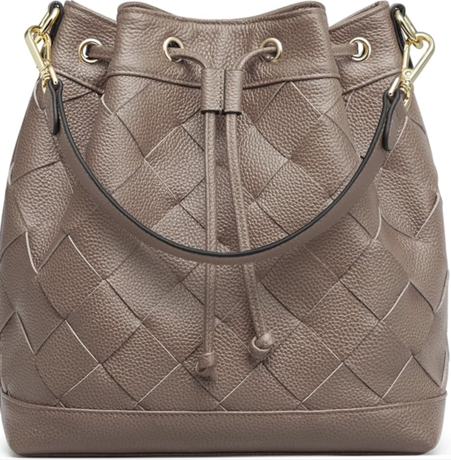 A taupe brown handwoven leather bucket bag with a drawstring closure, a matching shoulder strap, and a knotted satchel design.