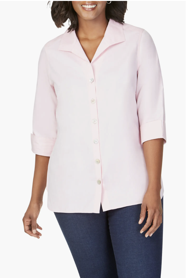 Foxcroft Pandora non-iron tunic shirt with a long relaxed silhouette.