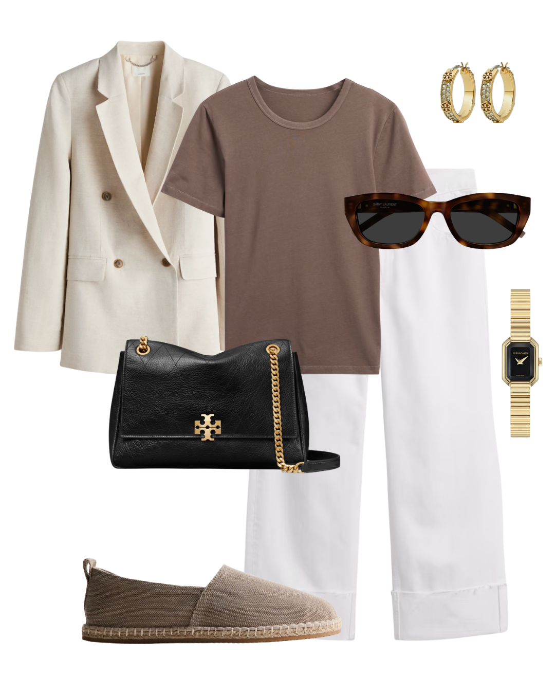 Flat lay of a chic Paris summer outfit with a cream oversized blazer, brown t-shirt, white trousers, brown espadrilles, and a black Tory Burch crossbody bag.